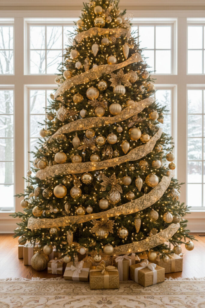 Evergreen densely lit and threaded with wide Gold Lace Ribbon, filigree shapes, and cream-and-gold ornaments on polished hardwood floor.