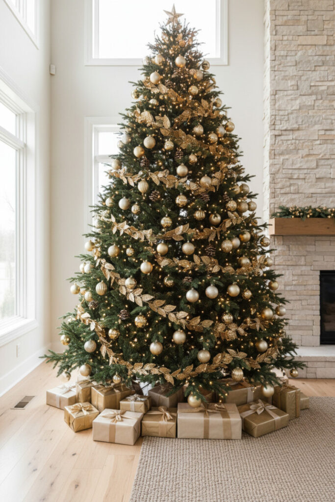 Minimalist living room tree wrapped in thick Gold Leaf Garland with champagne-silver and gold baubles glowing under micro-LEDs—how to decorate a Christmas tree with gold ornaments.