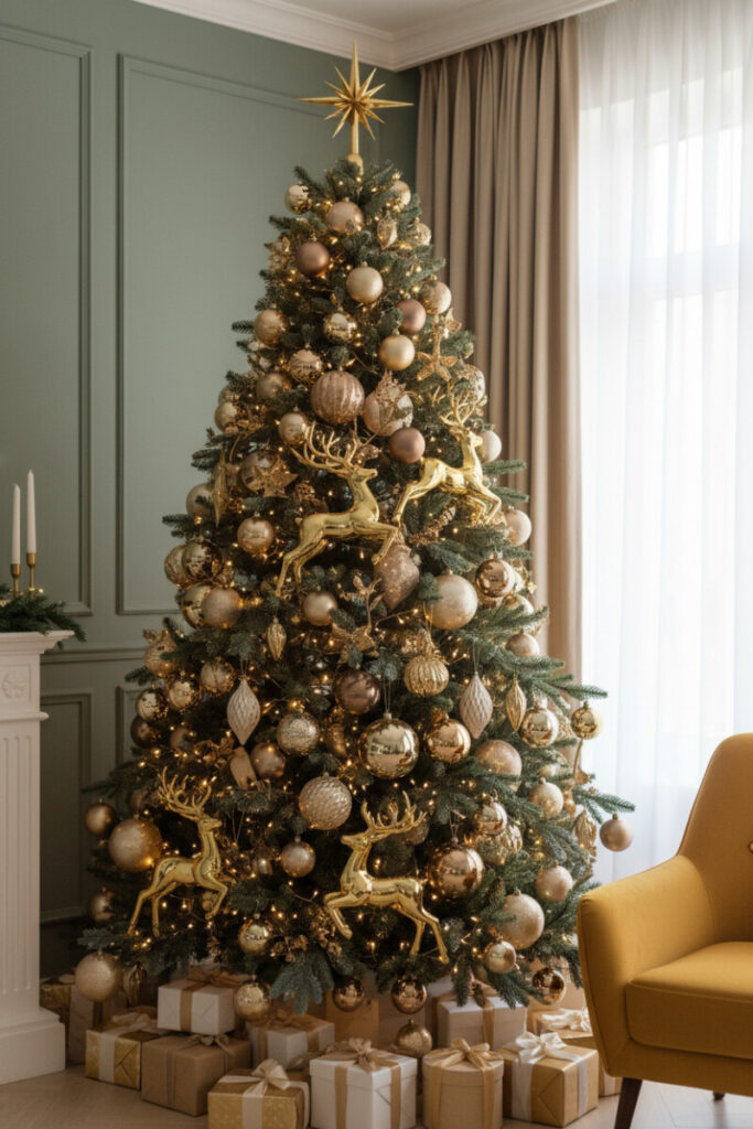 Deep-green tree featuring multiple polished gold metallic reindeer silhouettes among champagne and bronze baubles, soft window light.