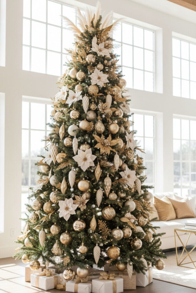 Mixed-finish gold ornaments—glitter, ribbed teardrops, frosted whites—with velvet poinsettias and pampas sprigs; Gold Christmas Tree Decorations.