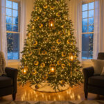 Nighttime living room scene with Vintage Gold Lantern ornaments glowing amber among gold beaded garlands and matte/glossy spheres—best gold Christmas tree decorations for modern living room.