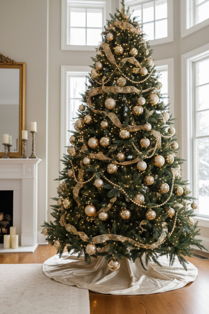 Corner tree draped in oversized Gold Pearl Garland with matte champagne spheres and warm white LEDs pooling on ivory silk skirt.