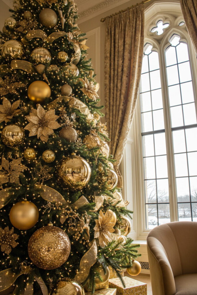 Sparkling tree featuring Gold Sequin Sphere Ornaments as focal points among warm lights and metallic ribbon—luxury holiday decor.