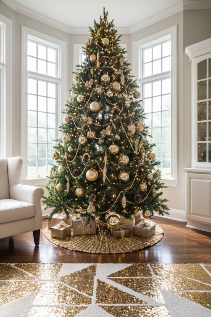 Sunroom centerpiece with reflective Gold Sequin Tree Skirt, beaded garland, gold ornaments, and presents glowing in high natural light.