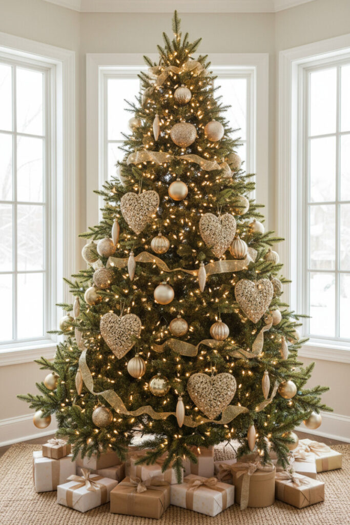 Bright corner tree adorned with large Gold Sparkling Heart Ornaments, fine ribbon garland, and fairy lights over jute rug.
