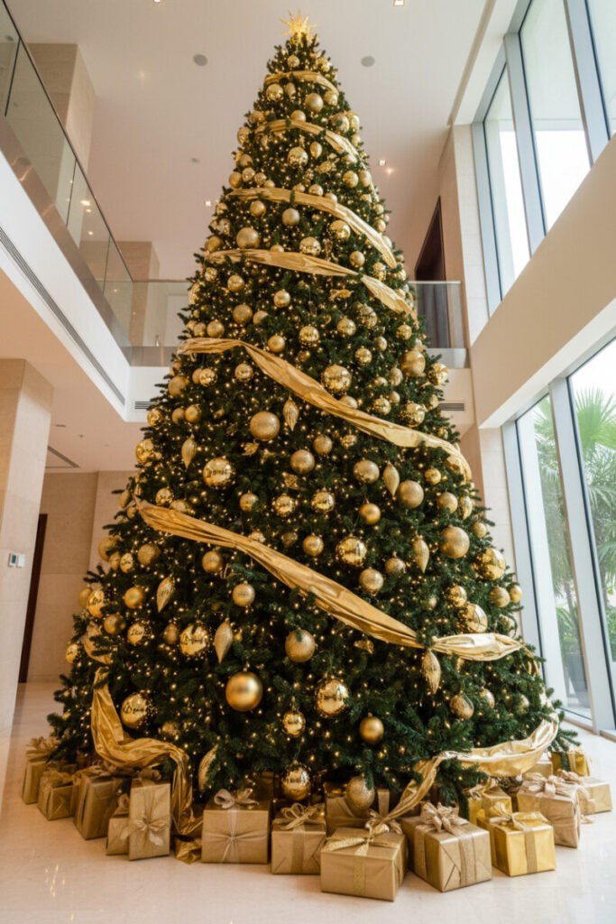 Towering foyer tree wrapped in cascading reflective gold ribbon garlands and glitter baubles, dramatic low-angle shot; luxury holiday decor.