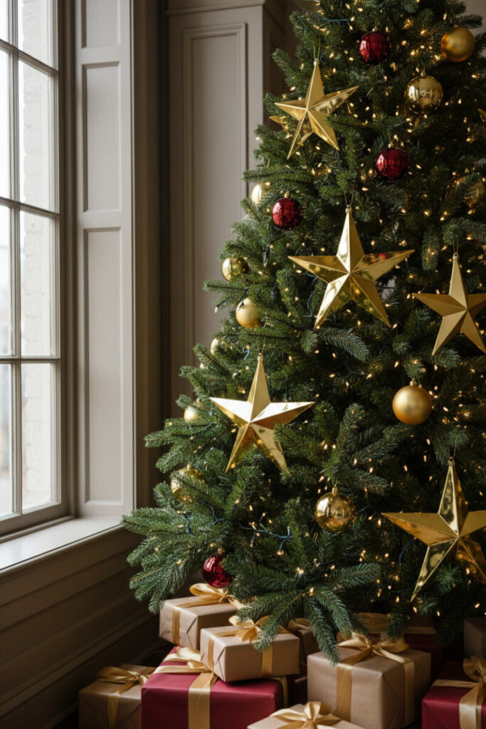 Medium close-up of dimensional Gold Star Ornaments with micro-LEDs and ruby accents beside tall mullioned window—gold Christmas tree ideas.