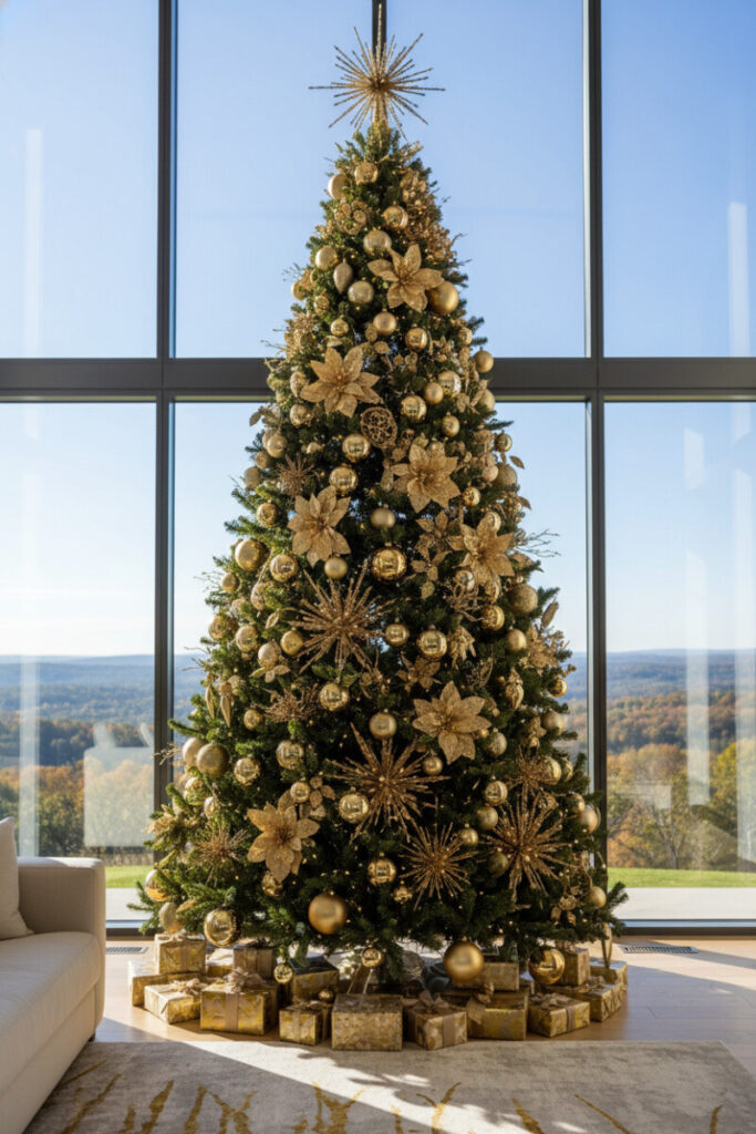Dramatic living room tree with glittering poinsettias and radiating Gold Starbursts, floor-to-ceiling windows and sunlit panorama.