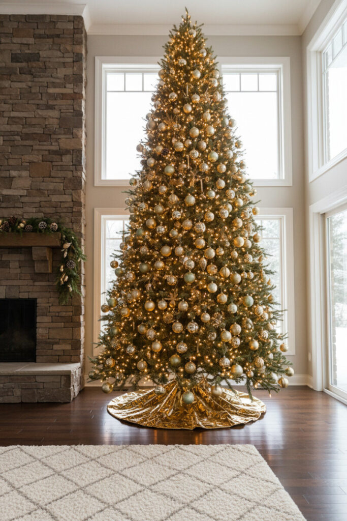 Opulent evergreen finished with a crinkled metallic Gold Tree Skirt reflecting thousands of warm lights—Gold Christmas Tree Decorations.