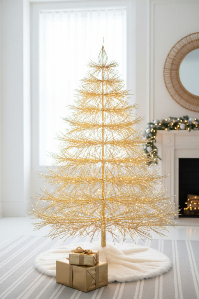 Sculptural Gold Wire Trees used as ornaments and decor, warm fairy lights and white faux-fur skirt in a bright minimalist room.