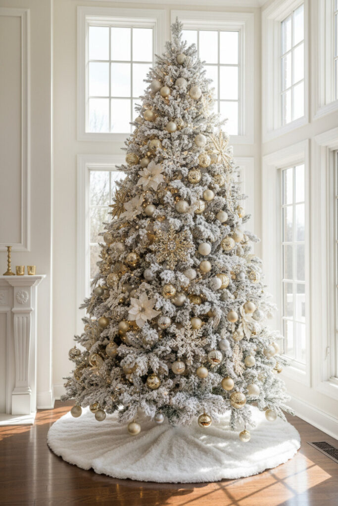 Densely flocked tree with Metallic Gold Snowflakes, pale gold and matte silver baubles, and cream poinsettias in sunlit windowscape.