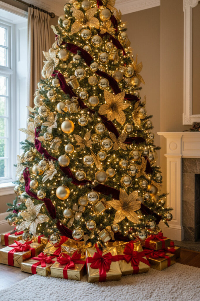 Traditional tree dotted with Mini Gift-Box Glitter Ornaments, rich gold mesh bows, and warm string lights—how to decorate a Christmas tree with gold ornaments.