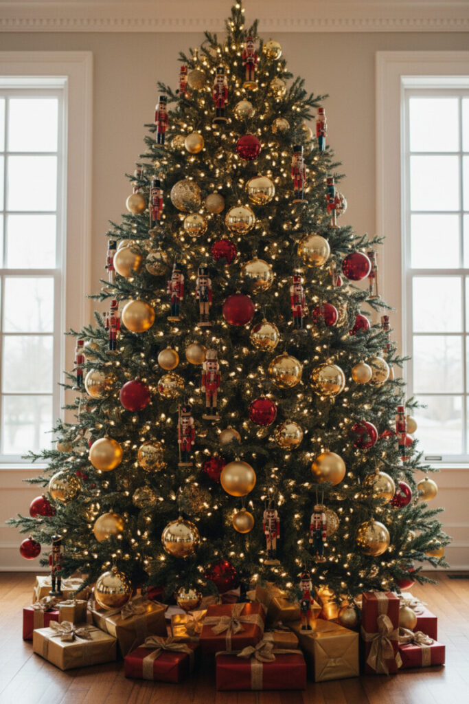 Maximalist evergreen featuring classic nutcracker accent ornaments in red, black, and gold among glittering baubles—best gold Christmas tree decorations for modern living room.