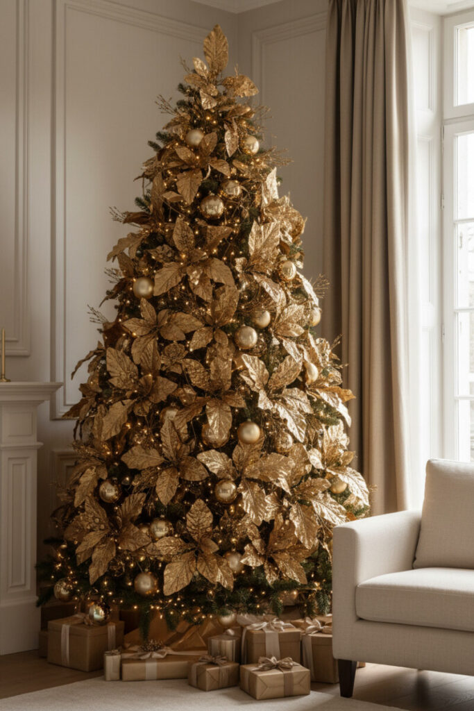 Statement tree draped entirely in Textured Gold Leaf Ornaments with subtle orbs and warm lights beside cream armchair—luxury holiday decor.