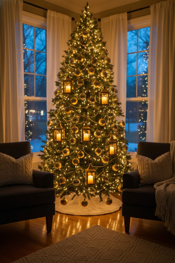 Nighttime living room scene with Vintage Gold Lantern ornaments glowing amber among gold beaded garlands and matte/glossy spheres—best gold Christmas tree decorations for modern living room.