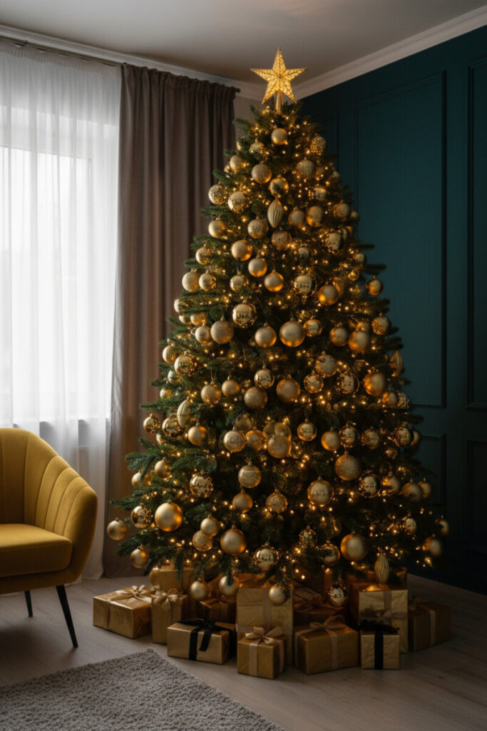 Deep-green fir with mixed glitter and matte gold baubles and a glittering star, cozy dark-teal wall backdrop; gold Christmas tree ideas.