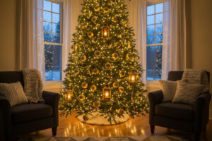 Nighttime living room scene with Vintage Gold Lantern ornaments glowing amber among gold beaded garlands and matte/glossy spheres—best gold Christmas tree decorations for modern living room.