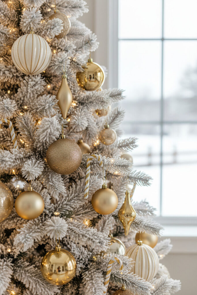 Close-up of flocked branches with ivory-and-gold candy canes, matte teardrops, and champagne globes sparkling in winter daylight.