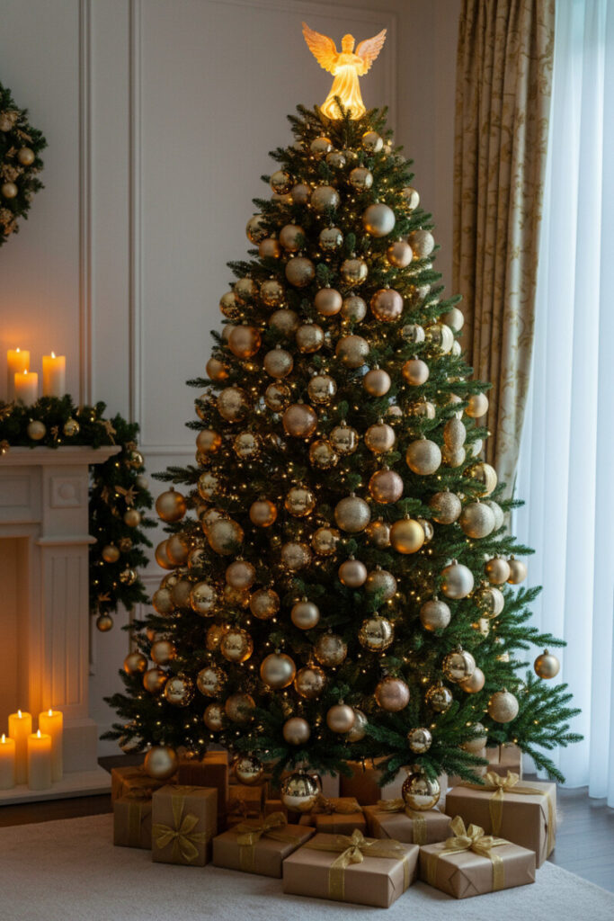 Grand tree crowned with glowing Golden Angel Tree Topper, warm lights and gold ornaments framing a fireplace—Gold Christmas Tree Decorations.