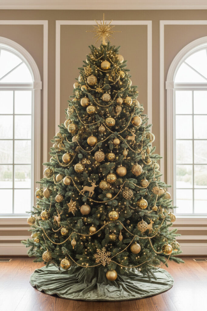 Sunlit living room tree with glossy and matte gold ornaments draped in dense gold and champagne beaded garlands, starburst topper.