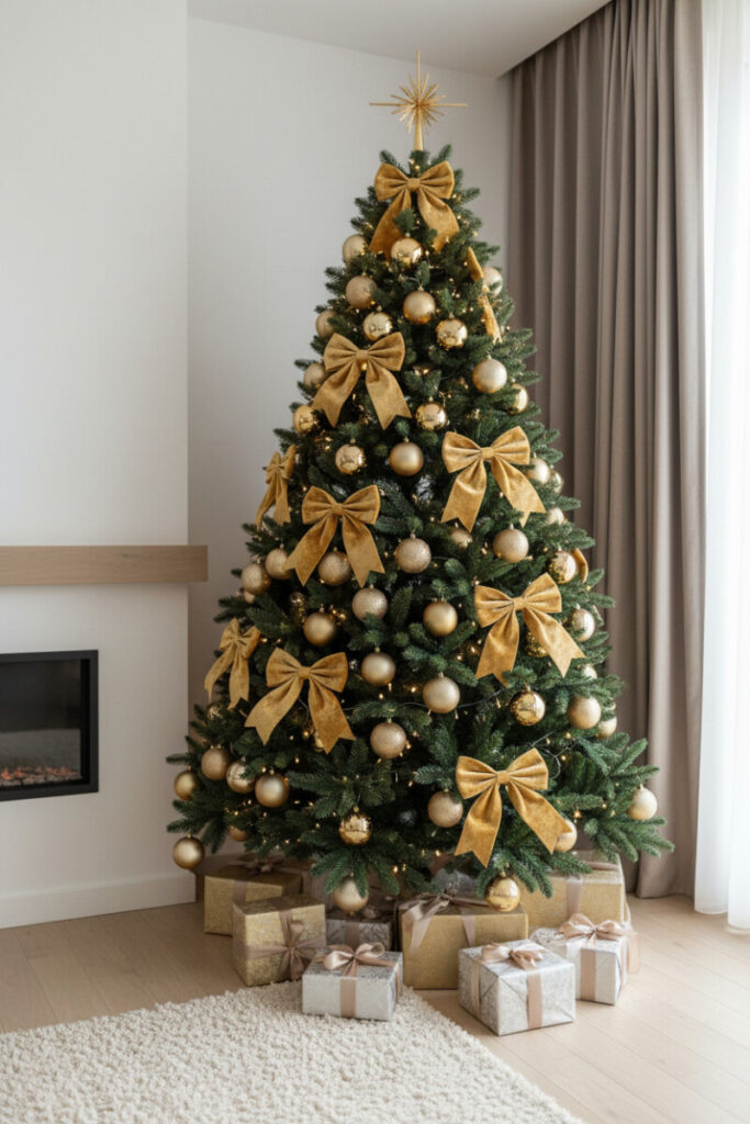 Contemporary room with plush velvet Gold Fabric Bows, clustered gold baubles, and soft daylight—how to decorate a Christmas tree with gold ornaments.