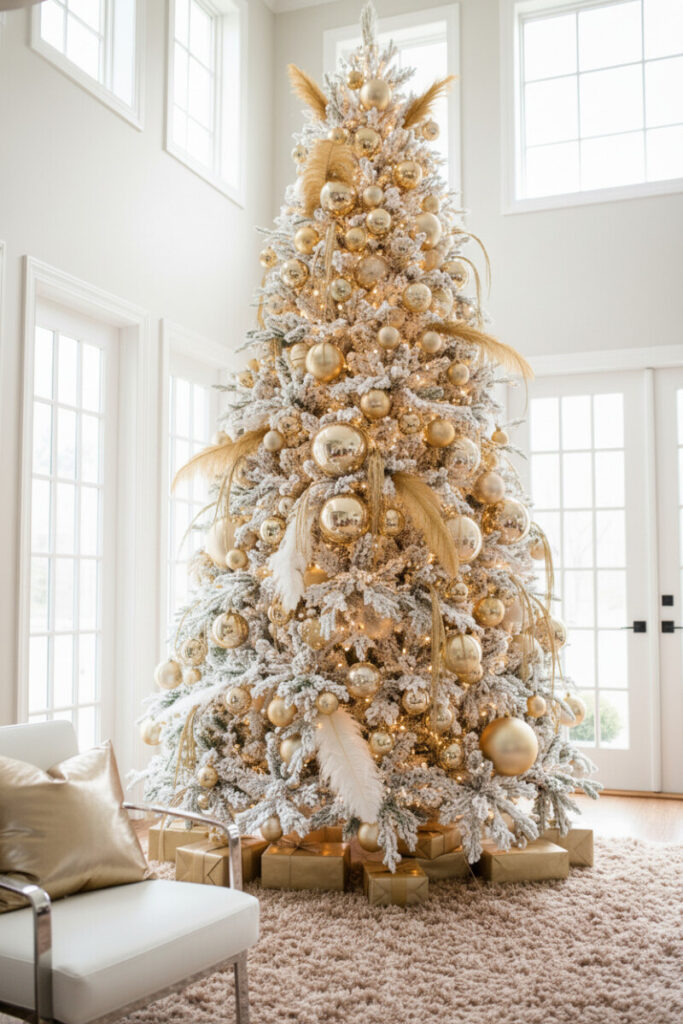 Heavily flocked tree with oversized gold plumes, pampas sprays, and champagne baubles—airy monochrome palette for luxury holiday decor.