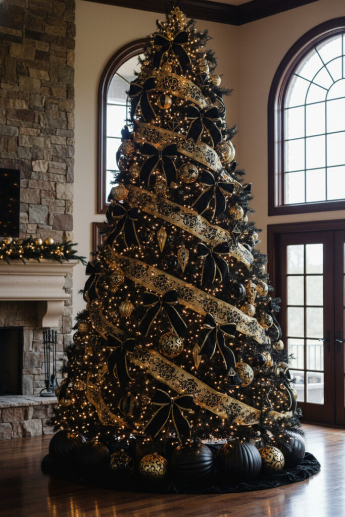 Black Christmas tree with high-gloss black bows and thick gold filigree ribbon and ornaments, glowing amber lights—bold gold Christmas tree ideas.