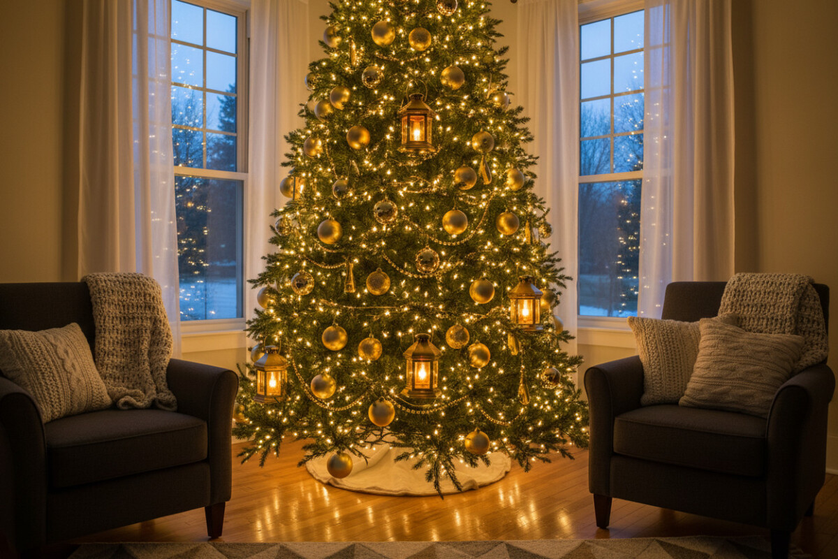 Nighttime living room scene with Vintage Gold Lantern ornaments glowing amber among gold beaded garlands and matte/glossy spheres—best gold Christmas tree decorations for modern living room.