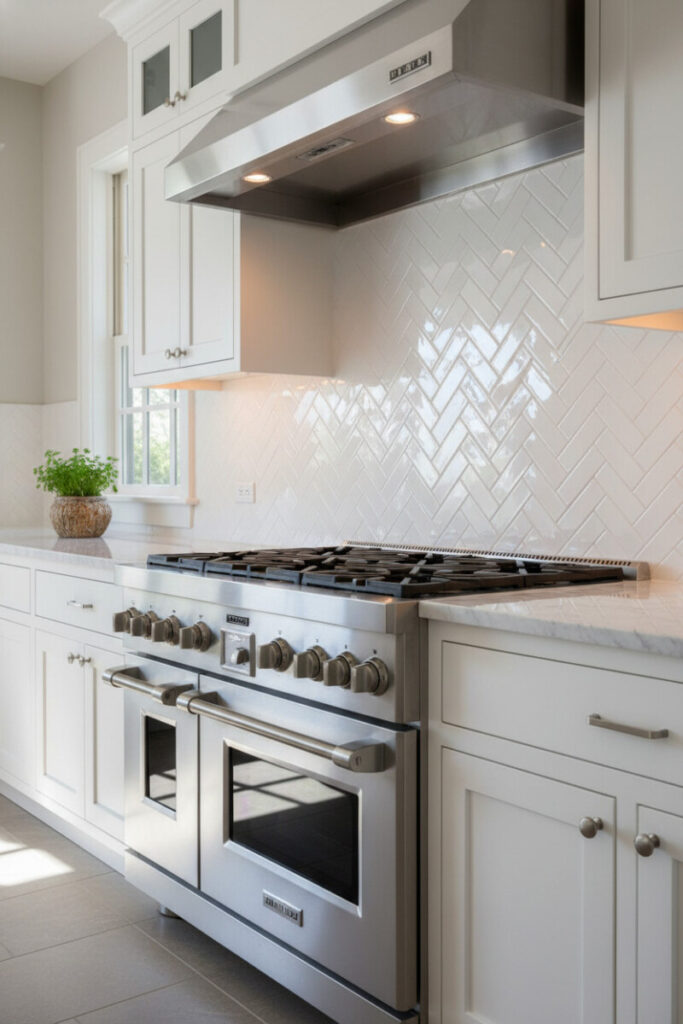 Brilliant high-gloss white herringbone field behind double-oven pro range and steel hood, white cabinetry, and herb plant catching daylight.