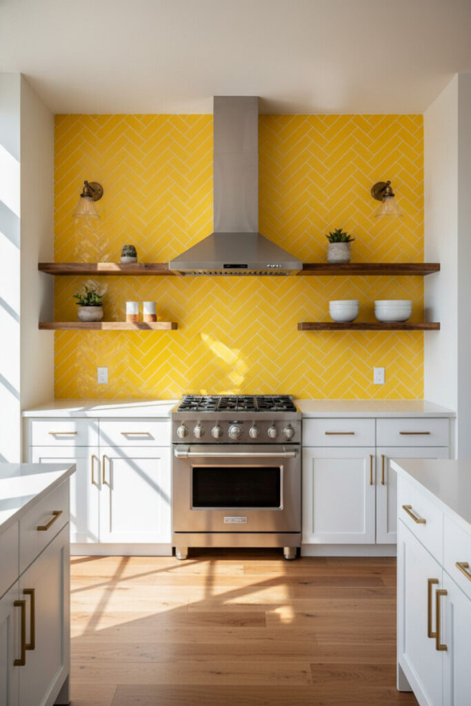 Citrus-yellow floor-to-ceiling herringbone backsplash with reclaimed wood shelves, stainless range and chimney hood, white shaker bases in strong natural light—bold Herringbone Subway Tile Backsplash Ideas.