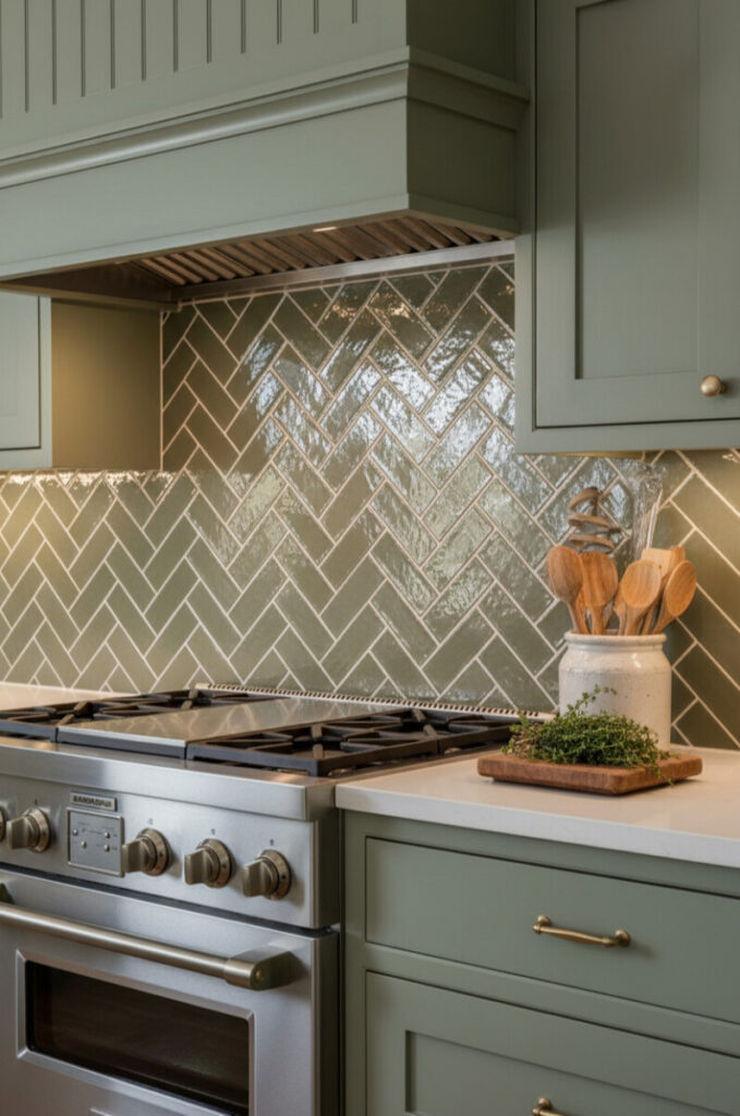Warm moss-khaki herringbone tile with white grout, sage shaker cabinetry, stainless range, wooden utensils, and fresh herbs for organic texture.