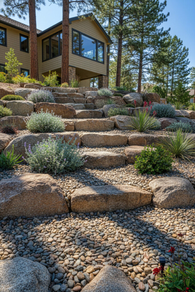 Granite boulders and river pebbles with yucca and pastel perennials, sunlit sloped yard landscaping.