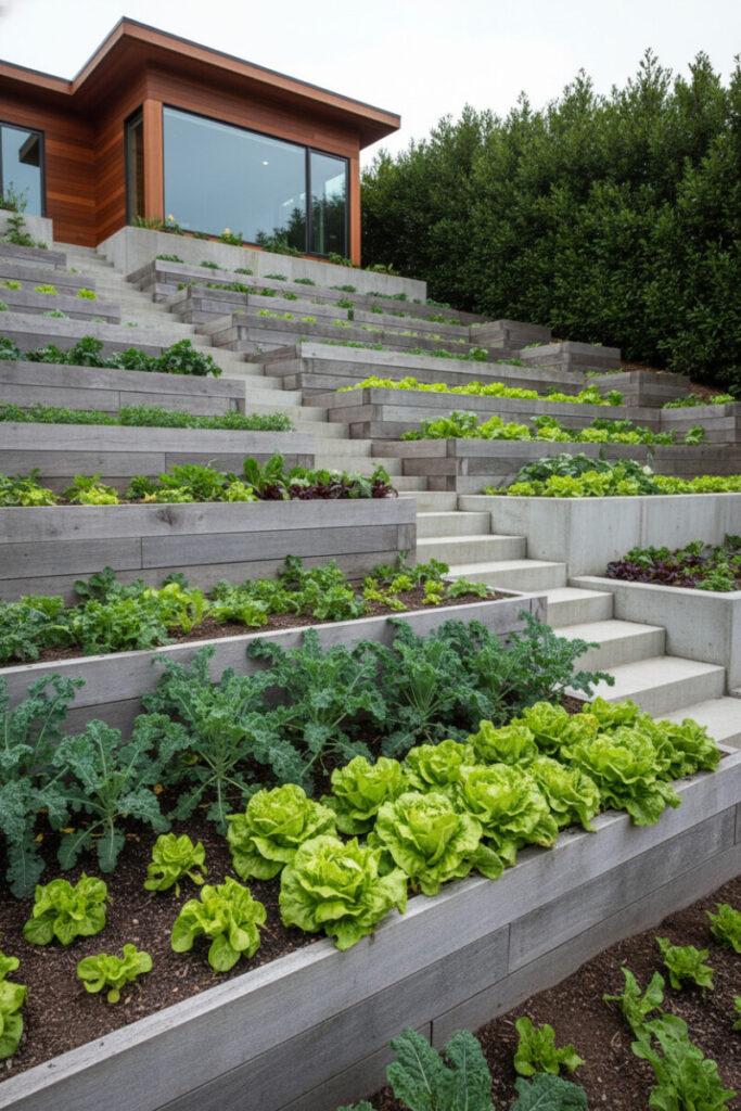 Modern tiered vegetable beds of wood and concrete packed with lettuce and kale—productive terraced garden design for sloped yard landscaping.