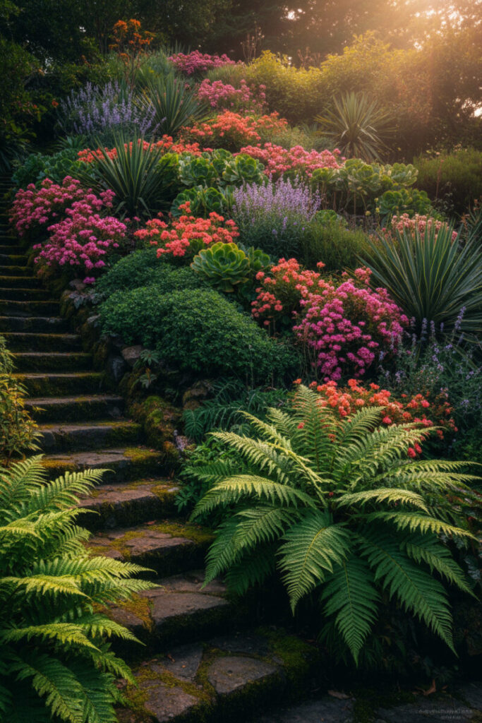 Mossy stone steps through ferns, succulents, yucca, and magenta blooms—immersive Hillside Garden Ideas.