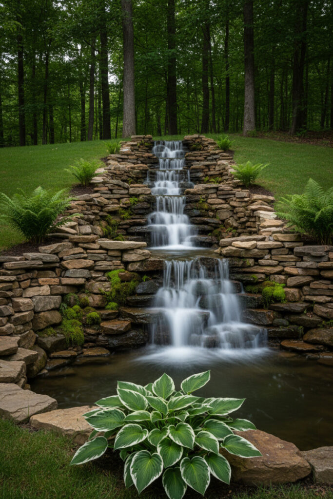 Multi-tier waterfall over flagstone and river rock with bold hosta—soothing Hillside Garden Ideas for a steep grade.