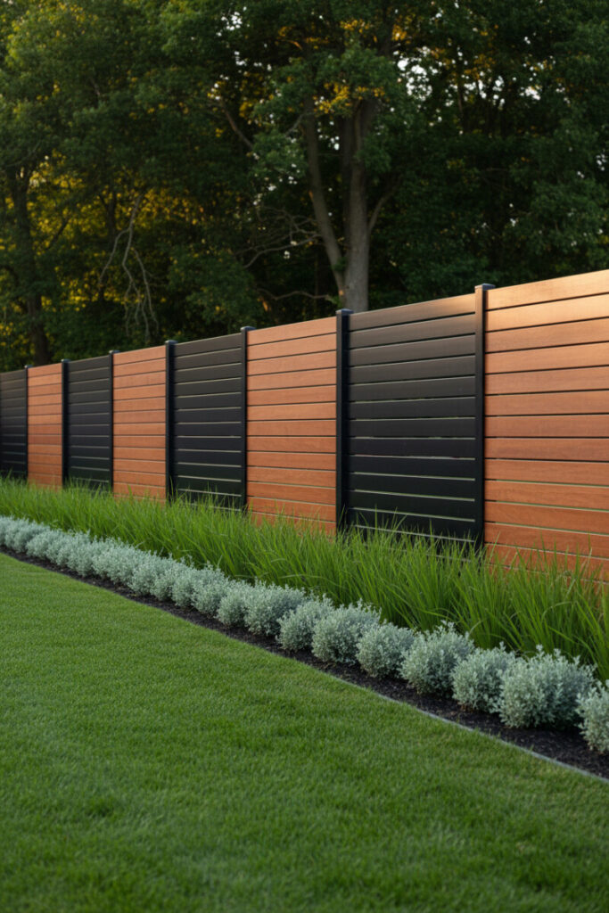 Low-angle view of black aluminum horizontal slats alternating with warm wood panels, golden-hour lawn and grasses—privacy fence design in a modern backyard.