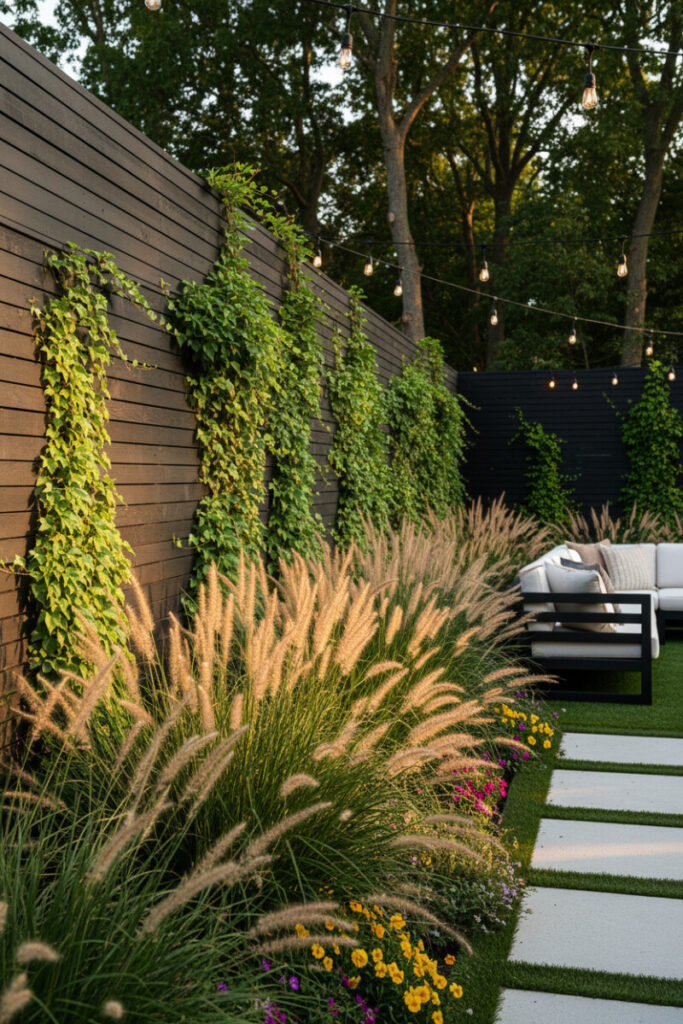 Black-stained horizontal fence wrapped in climbing vines, feather grass, and white paver grid—moody, textural privacy fence design.