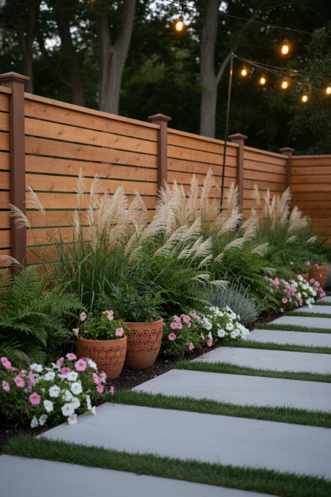 Blonde horizontal slats with dark posts and caps, terracotta planters and bistro lights—balanced Horizontal Fence Ideas for entertaining zones.