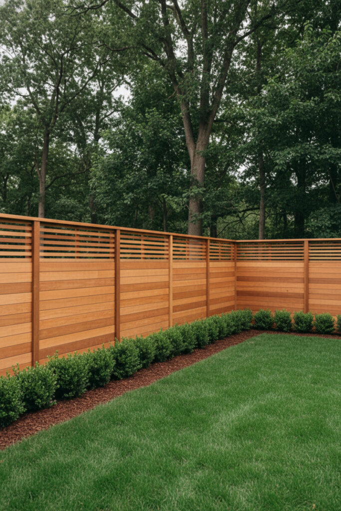 Cedar privacy fence with solid lower planks and louvered upper slats, sweeping along emerald turf—refined modern backyard fencing.