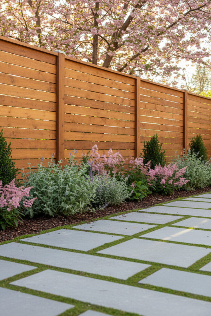 Unsealed natural cedar horizontal fence with metal-capped posts, grid pavers with turf—showcasing the best wood for horizontal fences.