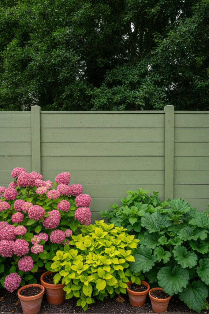 Painted sage-green horizontal fence framed by layered foliage and terracotta pots—horizontal fence ideas for small yards with color harmony.