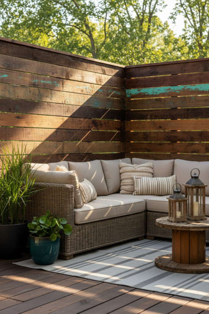 Reclaimed wood horizontal panels in espresso, mahogany, and chipped teal behind a wicker loveseat—eco-chic Horizontal Fence Ideas.