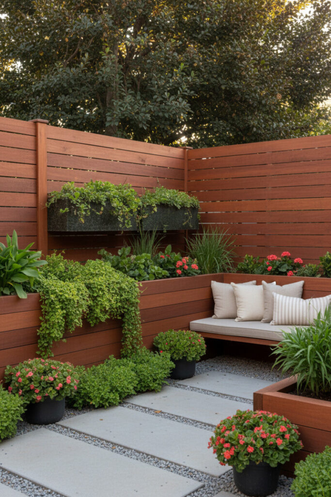 Redwood horizontal fence with built-in planters and bench; gravel and concrete pads—lush, integrated privacy fence design.