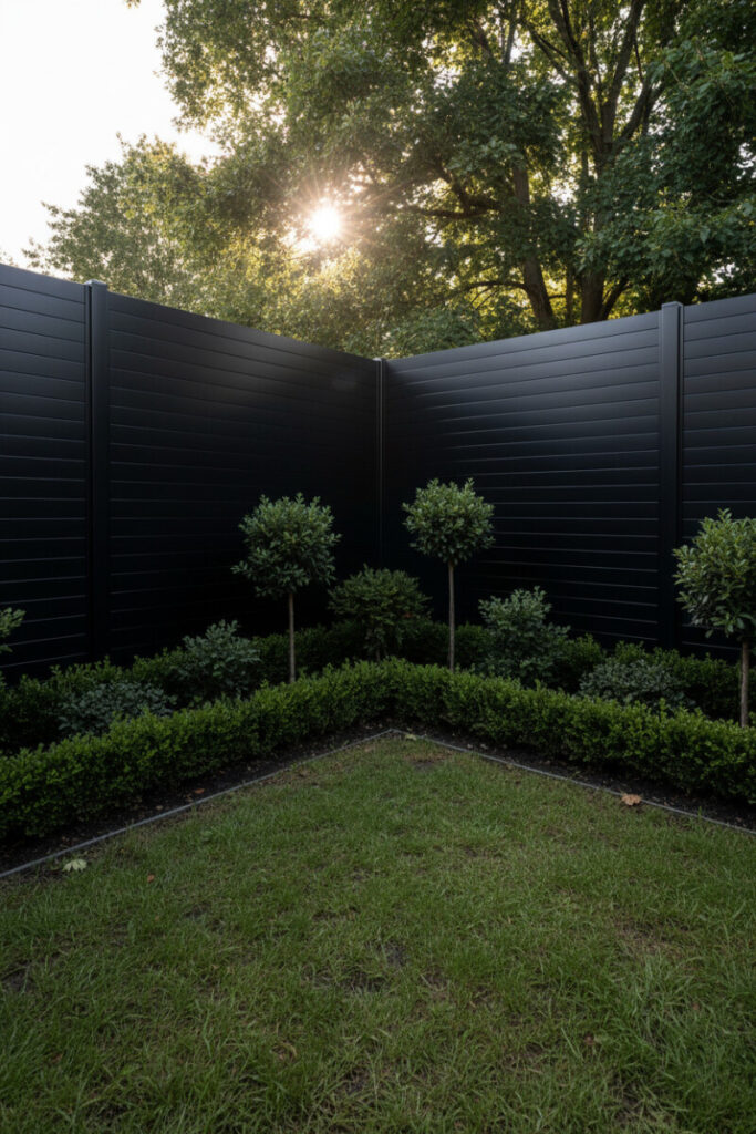 Sleek black horizontal slats with clipped boxwood hedge, soft backlight, and lawn—gallery-like modern backyard fencing.