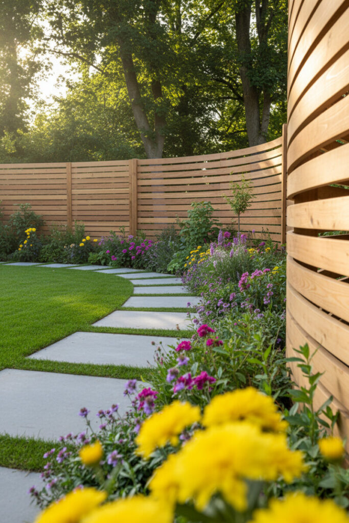 Curved horizontal cedar fence flowing to straight run beside stepping stones and vibrant flowers at sunset—modern backyard fencing with sculptural lines.