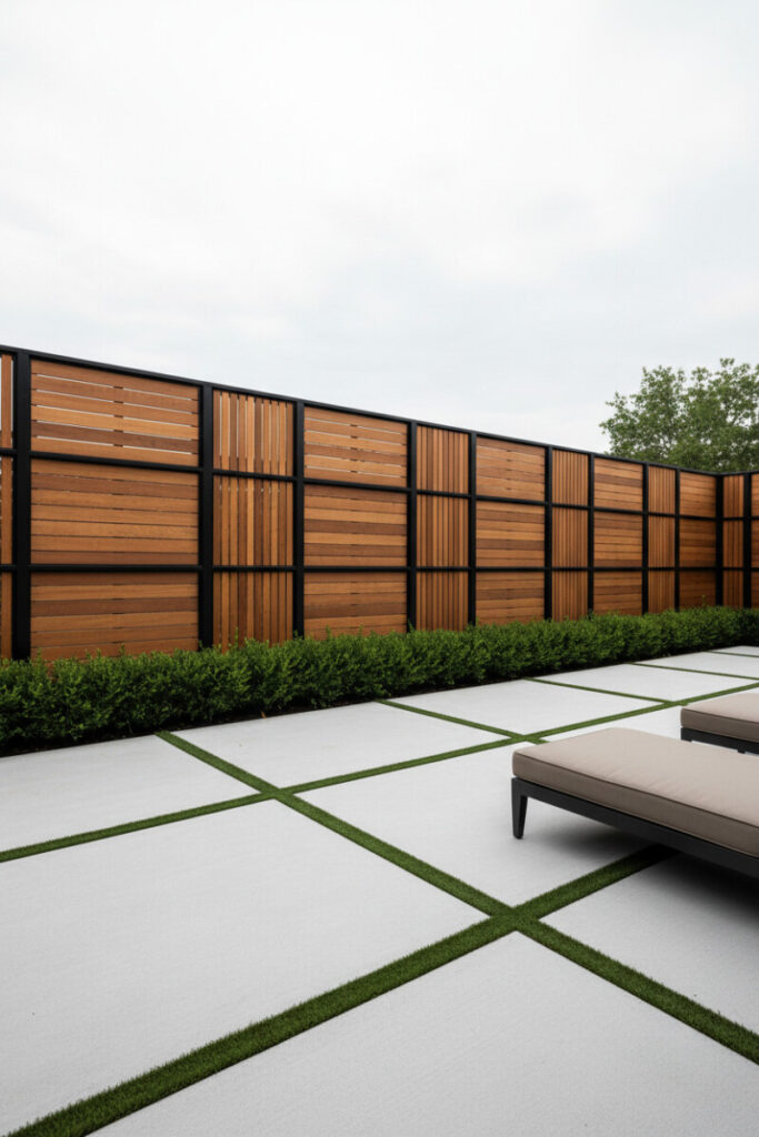 Vertical–horizontal slat blend within thin black frames, turf-striped pavers, and boxwood hedge—architectural modern backyard fencing.