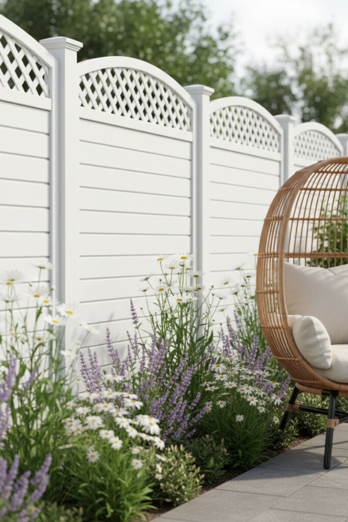 Pristine white horizontal fence with arched lattice top, daisies and salvia, and a rattan egg chair—bright, timeless Horizontal Fence Ideas.