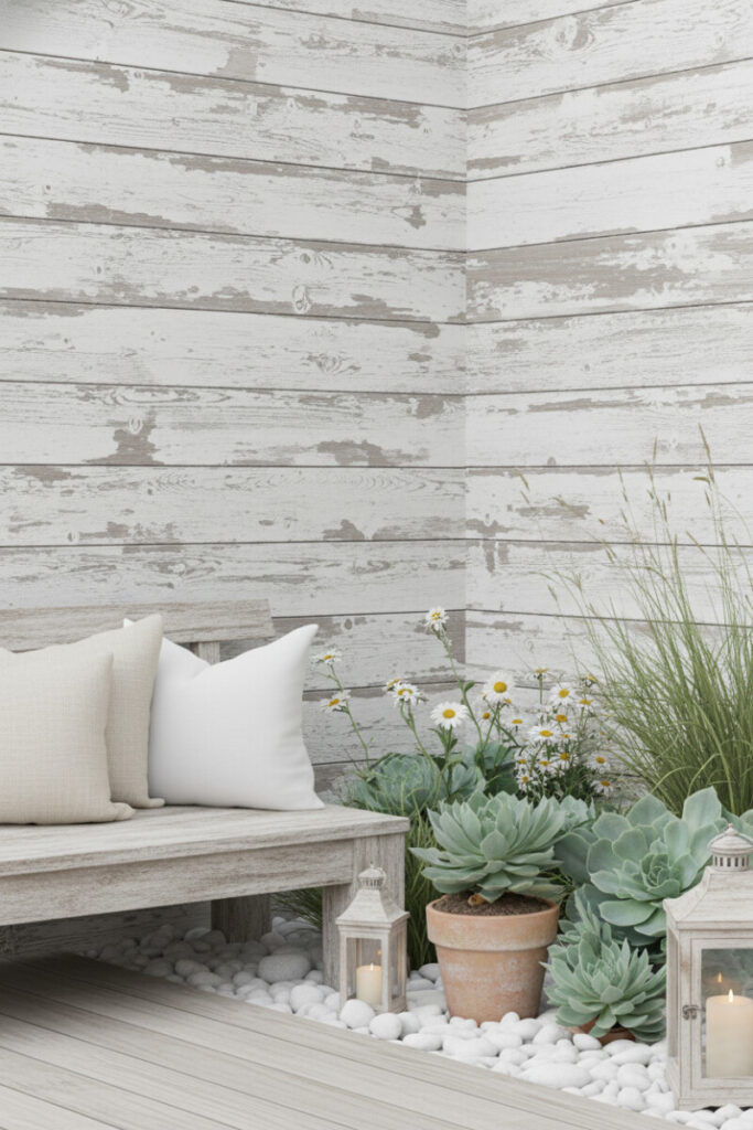 Whitewashed horizontal boards with gray bench, succulents, pebbles, and lanterns—coastal-inspired privacy fence design.