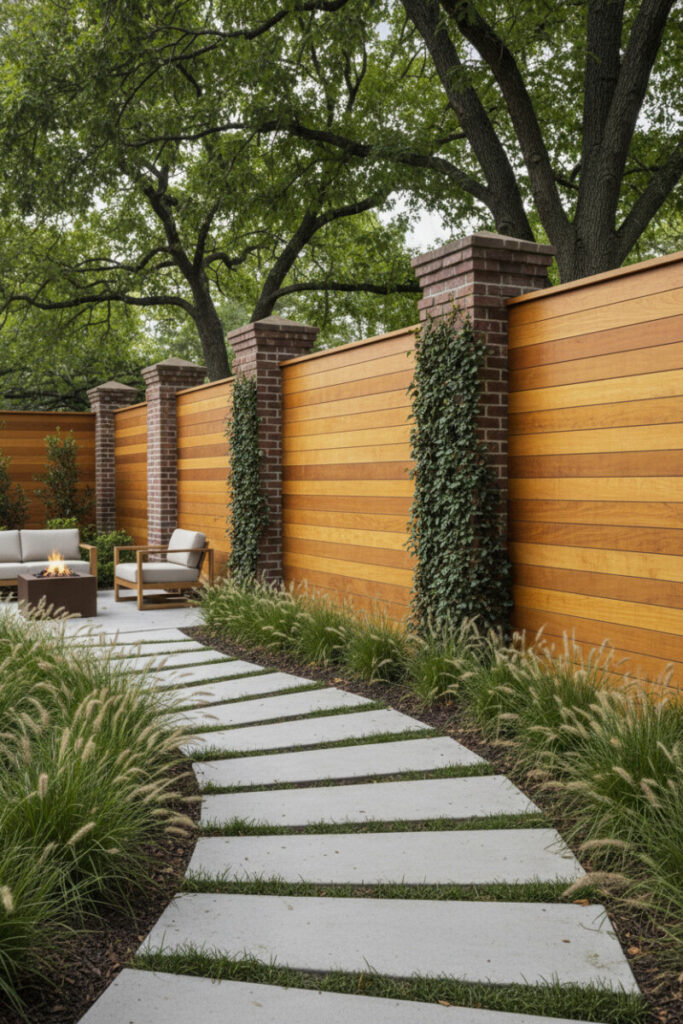 Honey-toned wood horizontal slats between dark brick posts, curved paver path through feathery grasses—elegant privacy fence design.