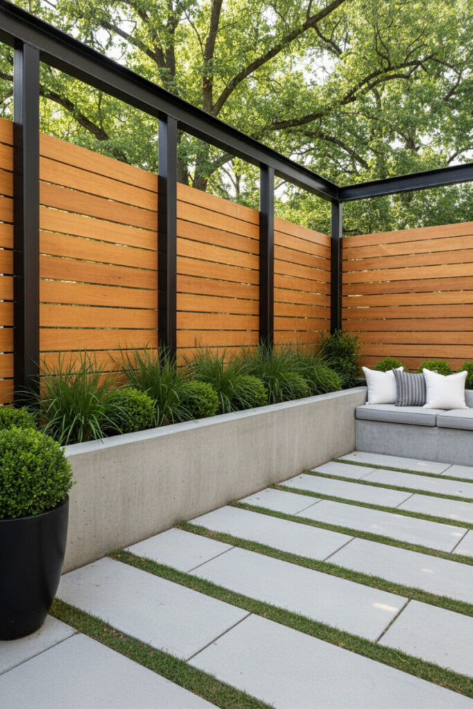 Wide wooden panels with black metal accents and overhead frame; concrete planter wall and built-in banquette—refined Horizontal Fence Ideas.